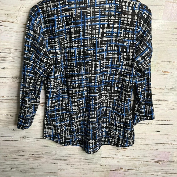 Ella moss black blue ruffle top blouse  career shirt size medium - Picture 8 of 9